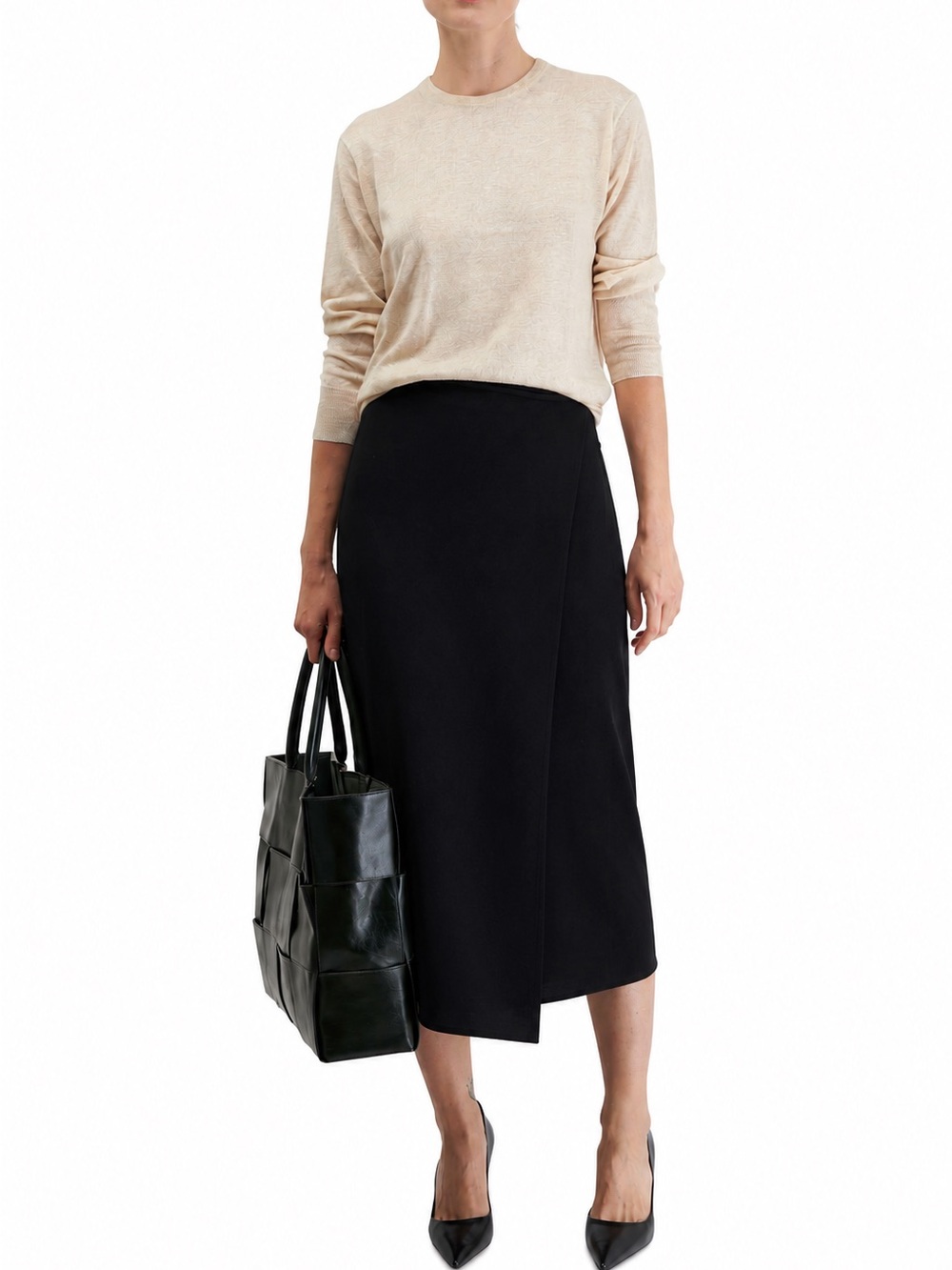 VINCE Black Midi Slip Skirt with Wrap Detail